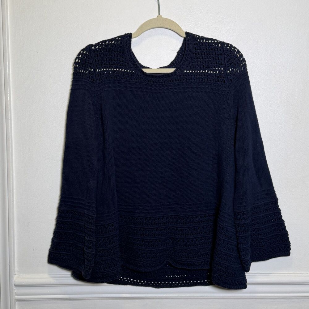 Boho Minimalist Style & Co Navy Crochet Knit Top Bell Sleeve Cotton